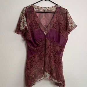 Y2K Metro  7 Burgundy and Cream Paisley Blouse color fiesta
